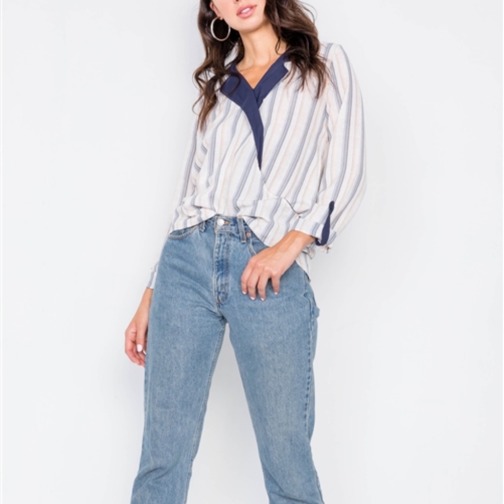 Navy Front Wrap Long Sleeve Blouse